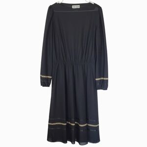7293 * Melissa Lane Vintage 1970s Black Midi Dress Gold Trim Size 16